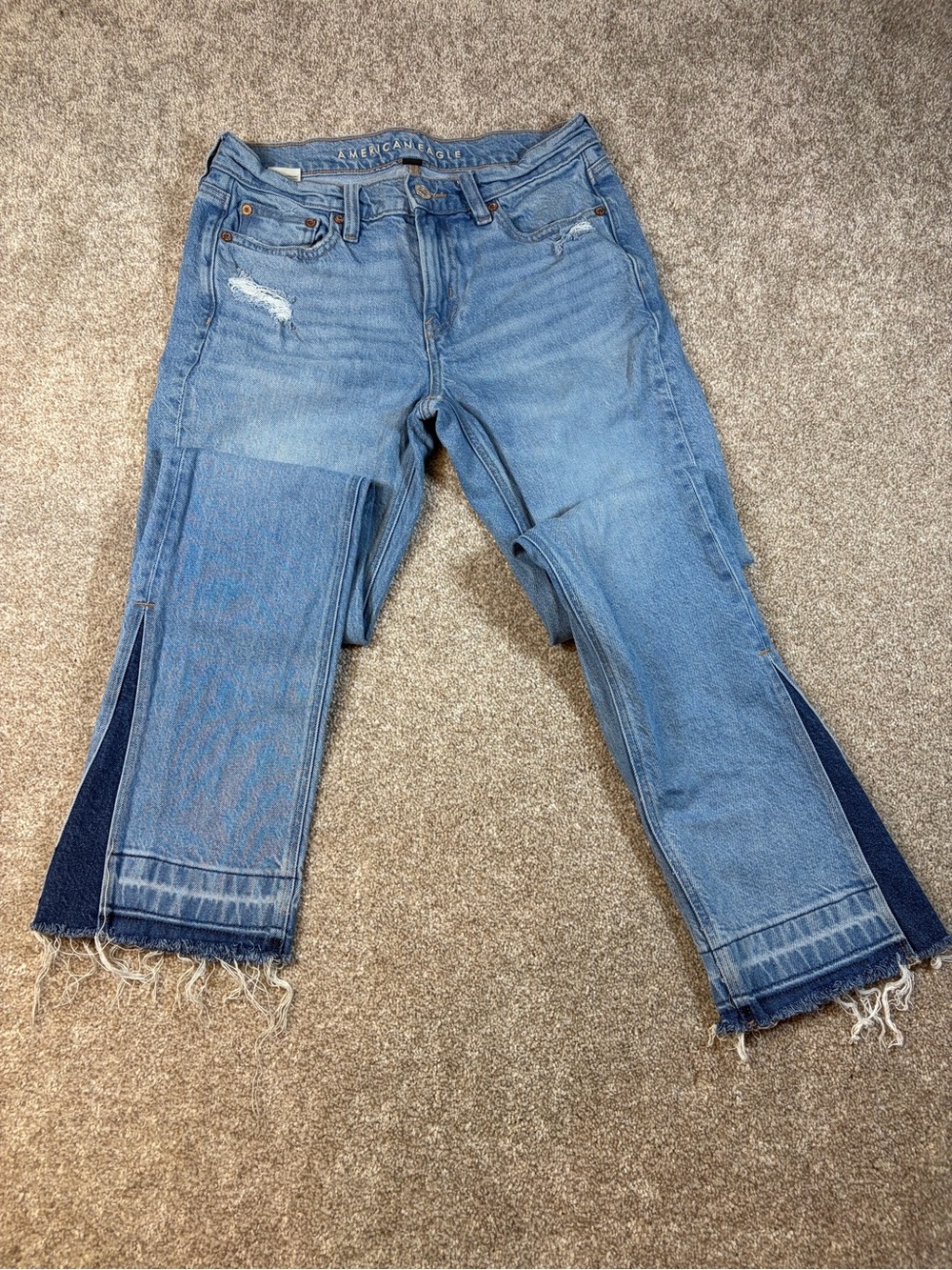 American Eagle Outfitters Two-Tone Light Blue Cropped Jeans with Side Slits